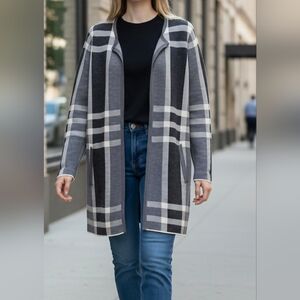 Ellen Tracy Gray and Black Plaid Merino Wool Blend Cardigan